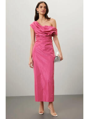 NWT $600 STAUD Andrea Dress Pink Off‑Shoulder Taffeta Midi Gown Dress 0/XS
